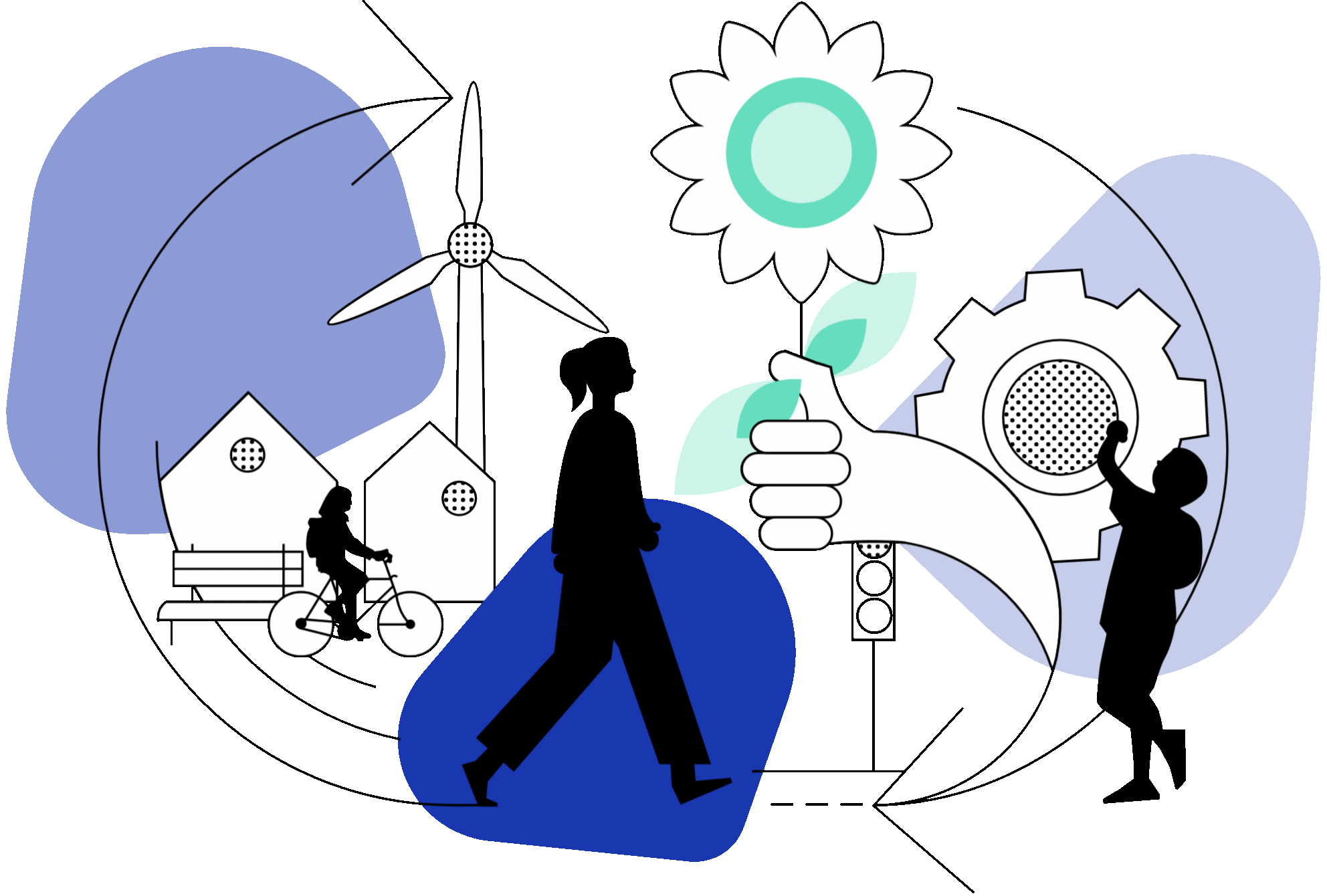 Illustration: verschiedene Elemente zum Themenfeld Nachhaltigkeitstransformationen wie Windrad, Radfahrerin und Sonnenblume