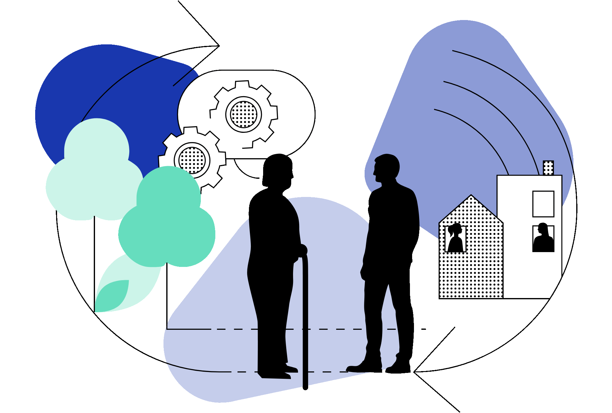 Illustration: verschiedene Elemente zum Themenfeld Weiterentwicklung von Transdisziplinarität und Ko-Kreation wie Personen im Gespräch; Haus, Bäume