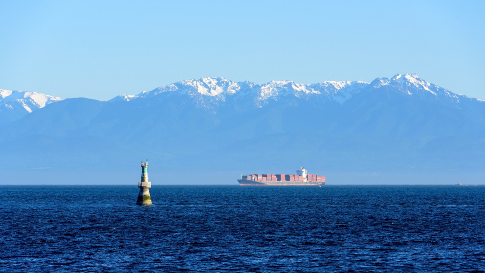 Container ship on the Strait of Juan de Fuca, on the west coast of North America.