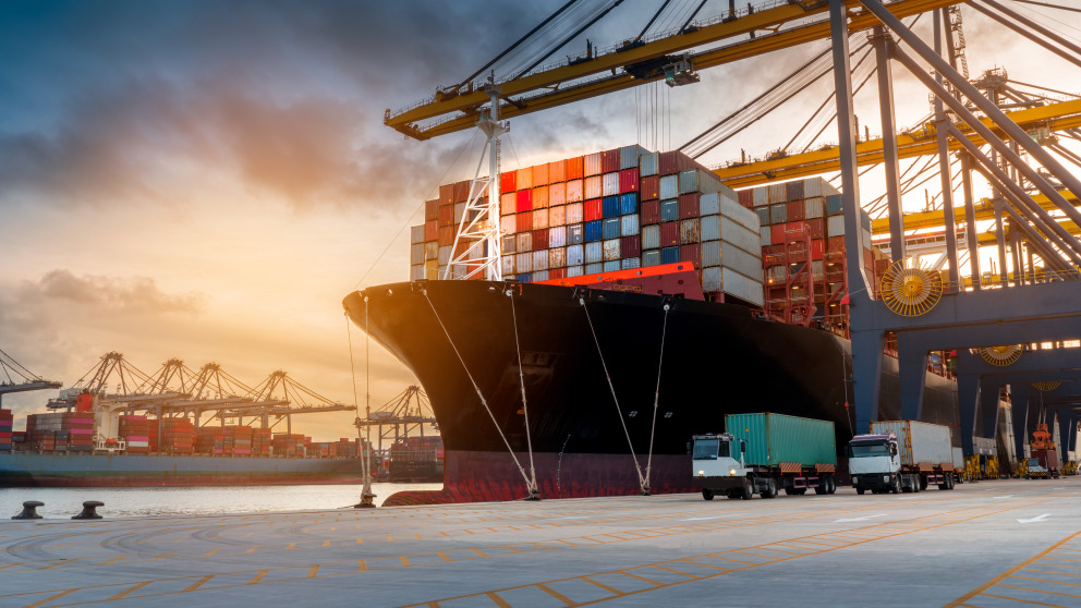 A container ship and crane at docks