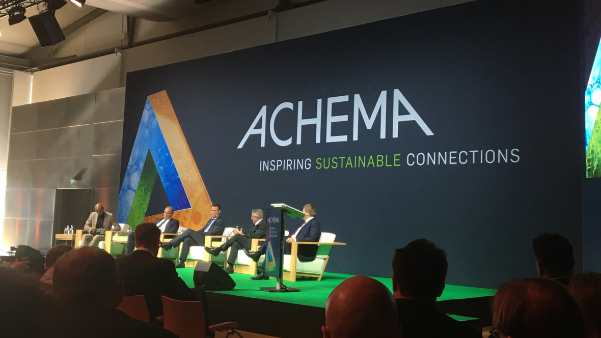 The opening panel at the ACHEMA on 22 August 2022, with BASF CEO Martin Brudermüller (left). The motto of this year's fair was "Inspiring Sustainable Connections".