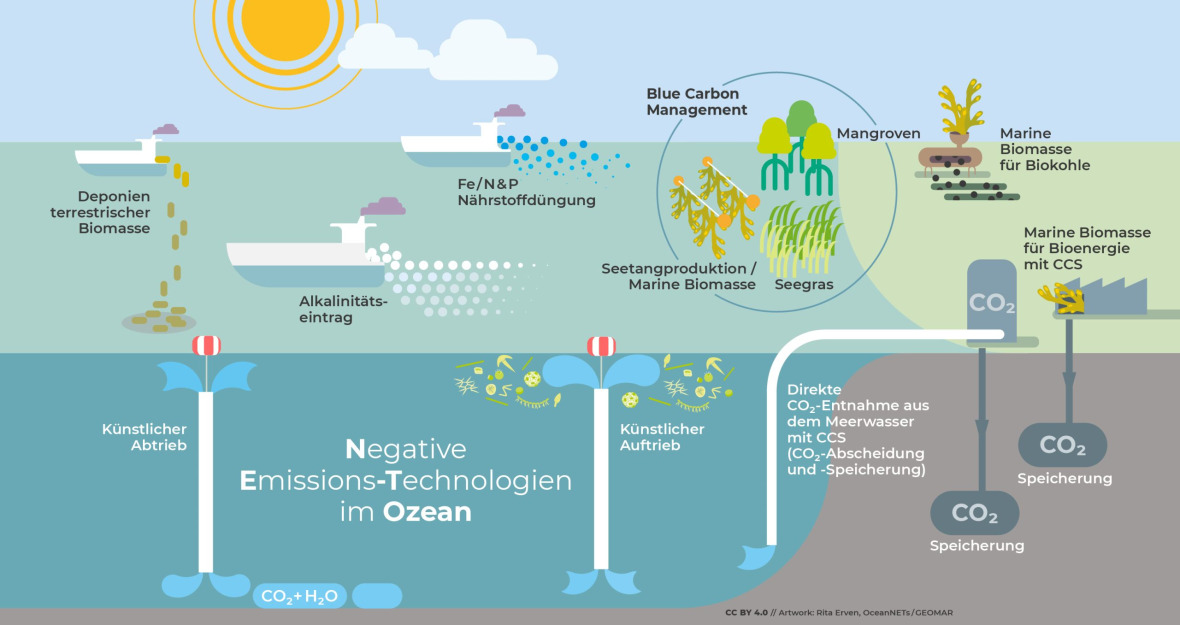 Überblick über ozeanbasierte Technologien für negative Emissionen, die im EU-Horizon Projekt "OceanNETs" erforscht werden.