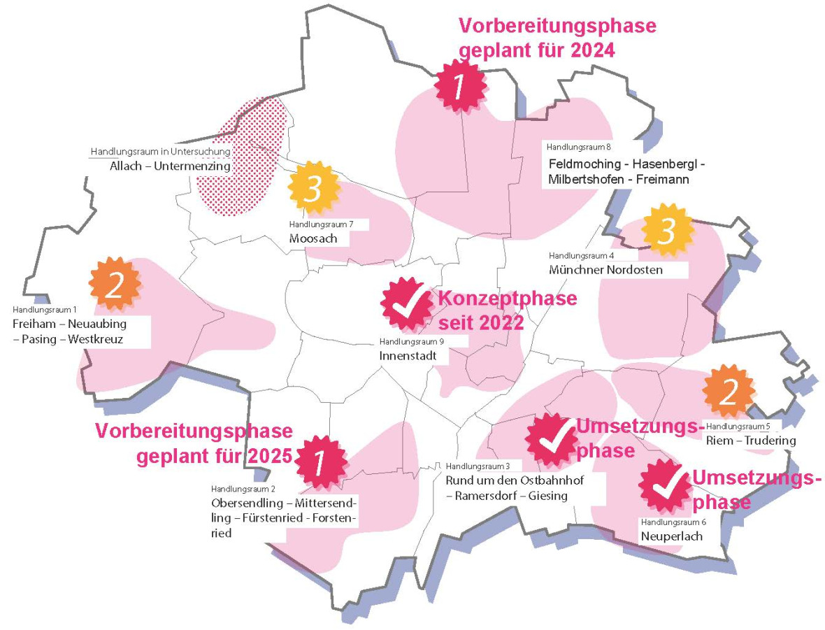 An overview of Munich's action areas highlights neighbourhoods undergoing dynamic change.