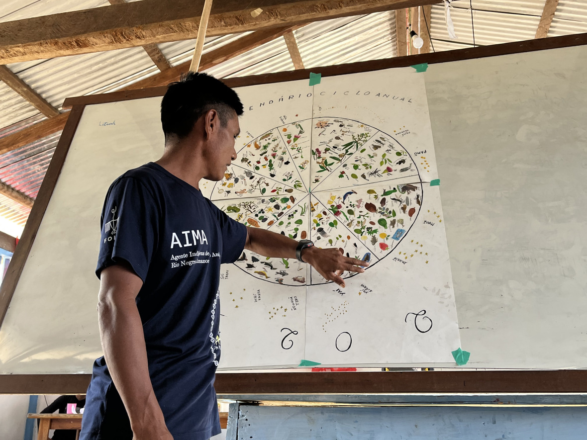 Presenting the illustration of the annual cycle to pupils of a school in Boca da Estrada, on the Rio Tiquié.