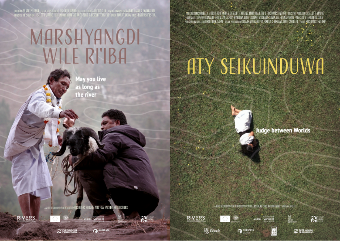 Posters promoting the documentaries "Marshyangdi Wile Ri'iba: May You Live as Long as the River" (Nepal) and "Aty Seikuinduwa: Judge Between Worlds" (Colombia)