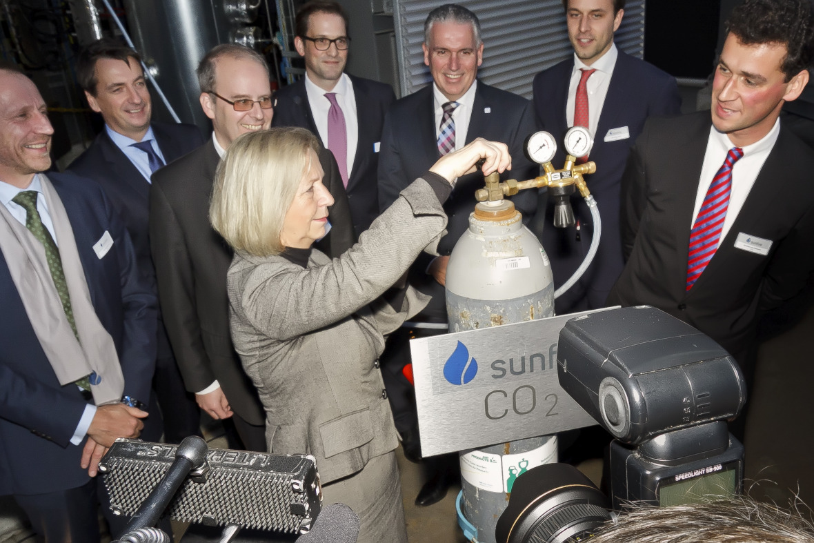 German Research Minister Johanna Wanka inaugurates a power-to-liquid plant in Dresden.