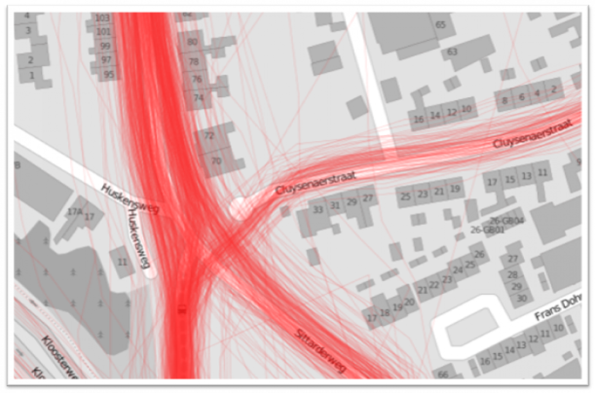 Radwege (in Rot) in einer niederländischen Stadt. Wie aus dem Straßenplan ersichtlich, nutzen viele Radfahrer eine Route, die aus einer Sackgasse herausführt und diese mit nahegelegenen Straßen verbindet. Diese Verbindung ist kein Teil der existierenden Infrastruktur. (c) Dirk Bussche