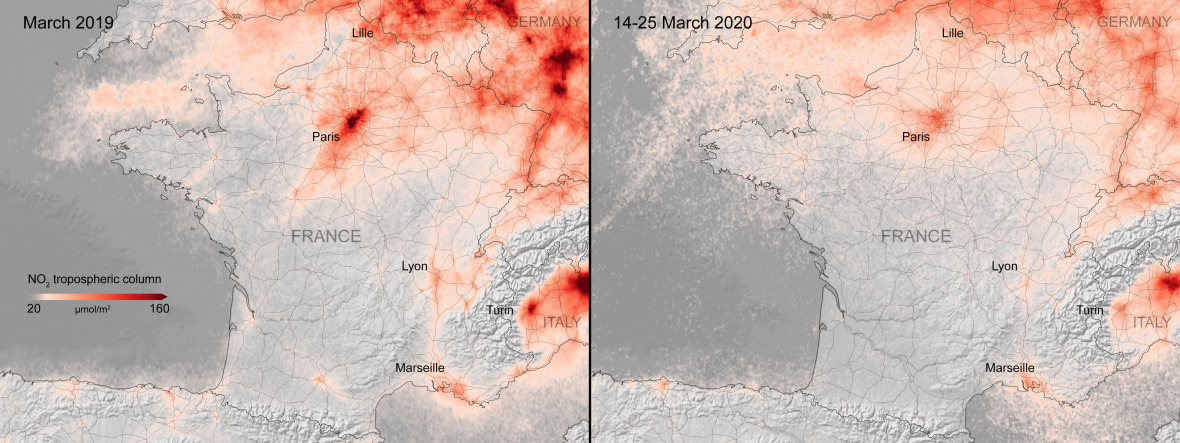 Stickstoffdioxid-Konzentrationen über Frankreich.