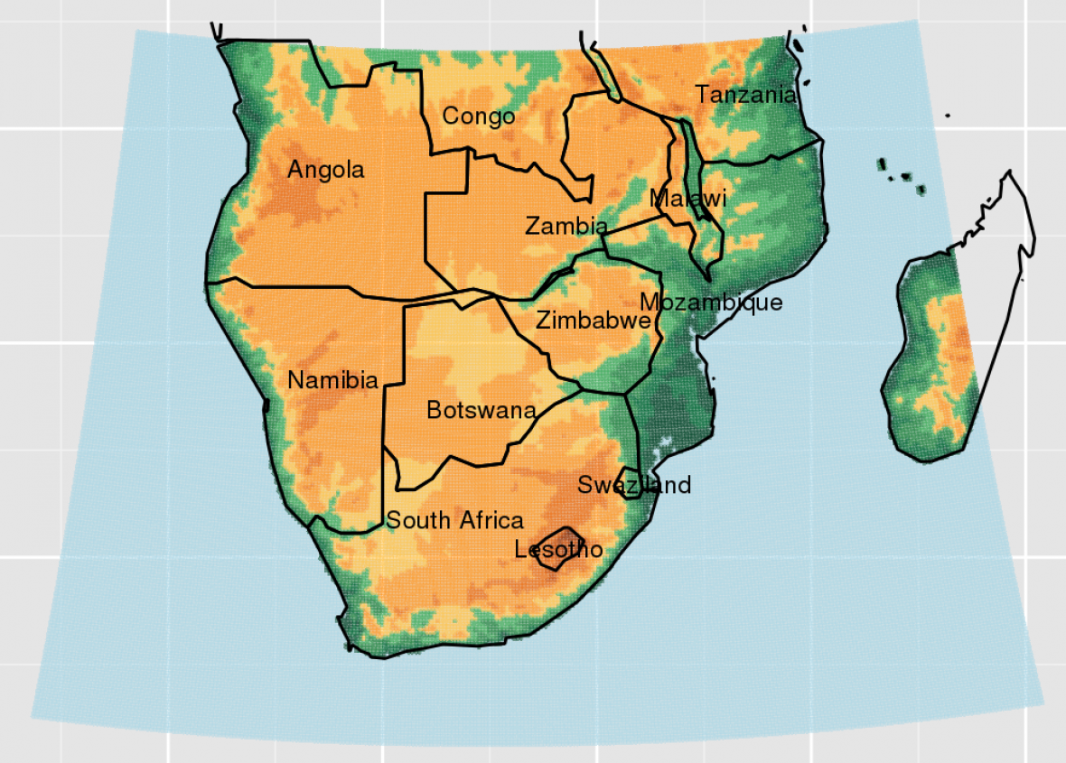 Das südliche Afrika. Die Modellstudie wurde für das gesamte auf der Karte farbig markierte Gebiet durchgeführt. © Friderike Kuik Das südliche Afrika. Die Modellstudie wurde für das gesamte auf der Karte farbig markierte Gebiet durchgeführt. © Friderike Kuik