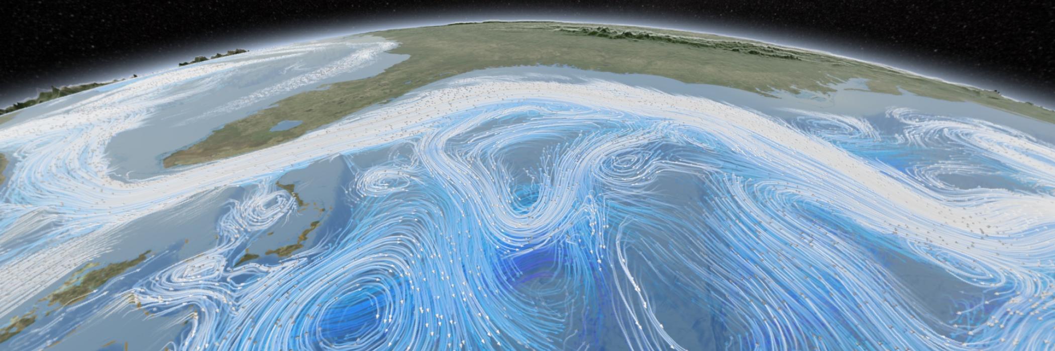 The global ocean circulation system and the circulation system of the atmosphere are changing due to global warming. This NASA illustration shows a complex pattern of large and minor surface currents.