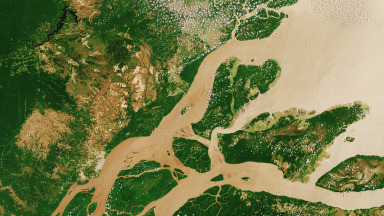 Amazon River meets Atlantic Ocean: satellite image of northern Brazil.