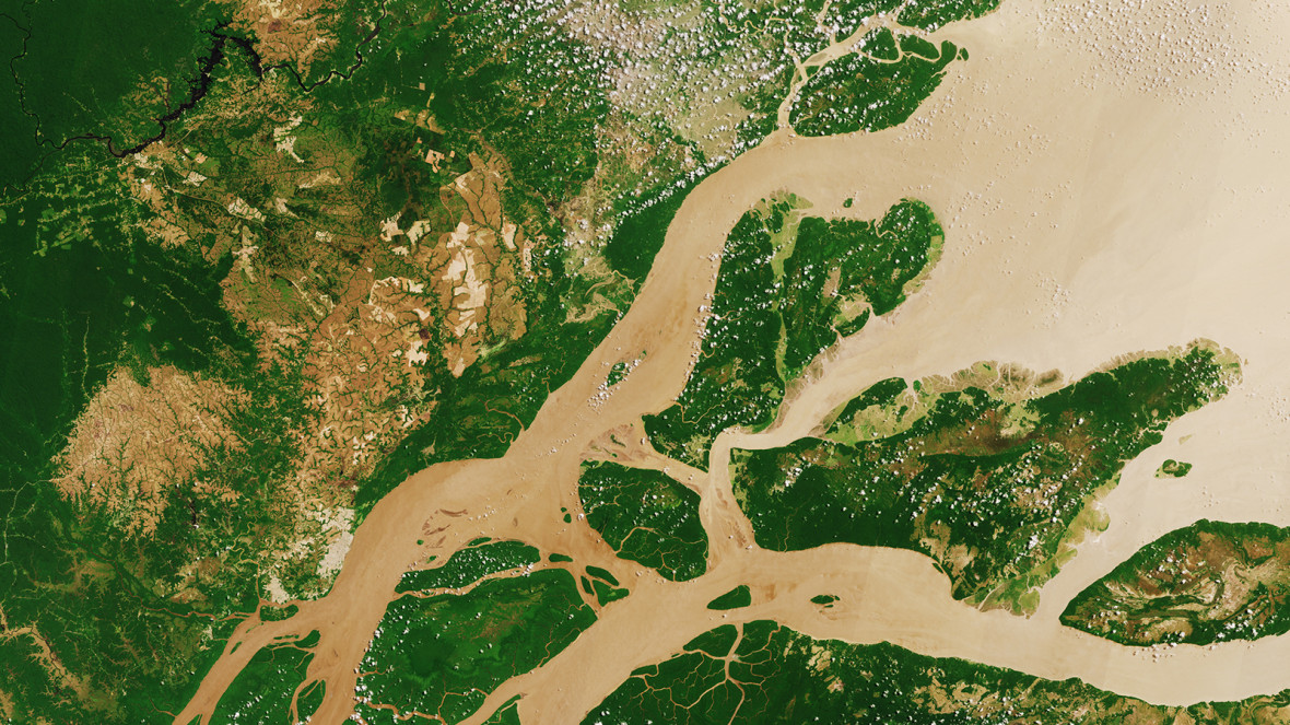 Amazon River meets Atlantic Ocean: satellite image of northern Brazil.