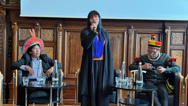 Indigenous leaders Bemoro Metuktire, Watatakalu Yawalapiti and Tapi Yawalapiti (from left) spoke in Berlin as part of their international campaign for the protection of the Amazon rainforest.