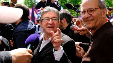 The leader of La France insoumise, Jean-Luc Mélenchon, during a May Day demonstration march in Paris, 2022. 