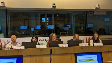 Panelists of the session „Democratising economic policy making“ (L-R): Mathias Zachau (Nyt Europa), Lucianajulia Pace (European Commission), Ingeborg Niestroy (Research Institute for Sustainability - Helmholtz Centre Potsdam), Luca Jahier (EESC European Semester Group), Judith Hermann (Forum Environment and Development).