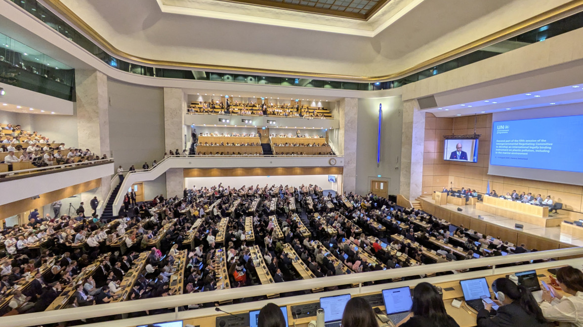 Delegierte und Beobachter:innen im Plenarsaal der Vereinten Nationen in Genf. 