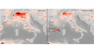 Nitrogen dioxide concentrations over Italy from 14 to 25 March 2020, compared to the monthly average concentrations from 2019.